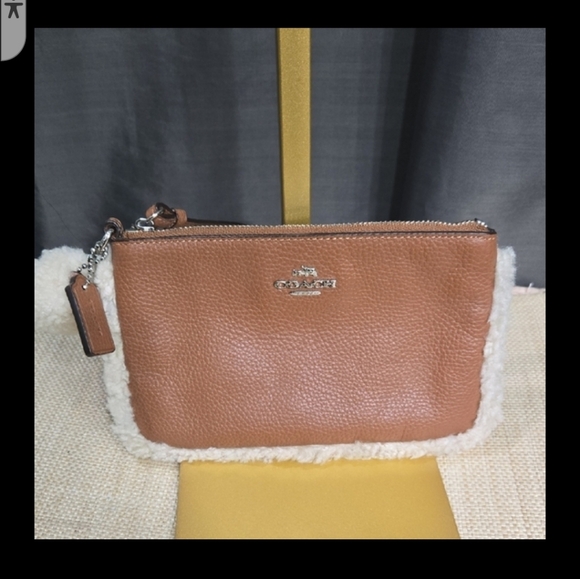 Coach Brown Leather Wristlet with Sherpa Shearling Trim - Picture 14 of 14